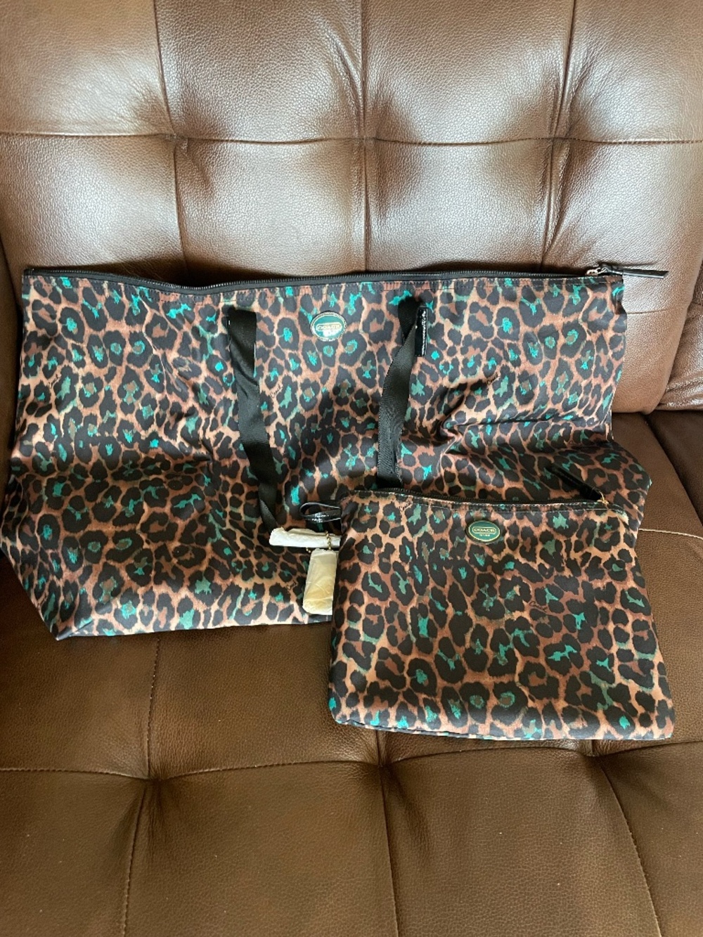 NWT Coach Packable Leopard Print Tote & Zip Pouch | Brown & Turquoise
